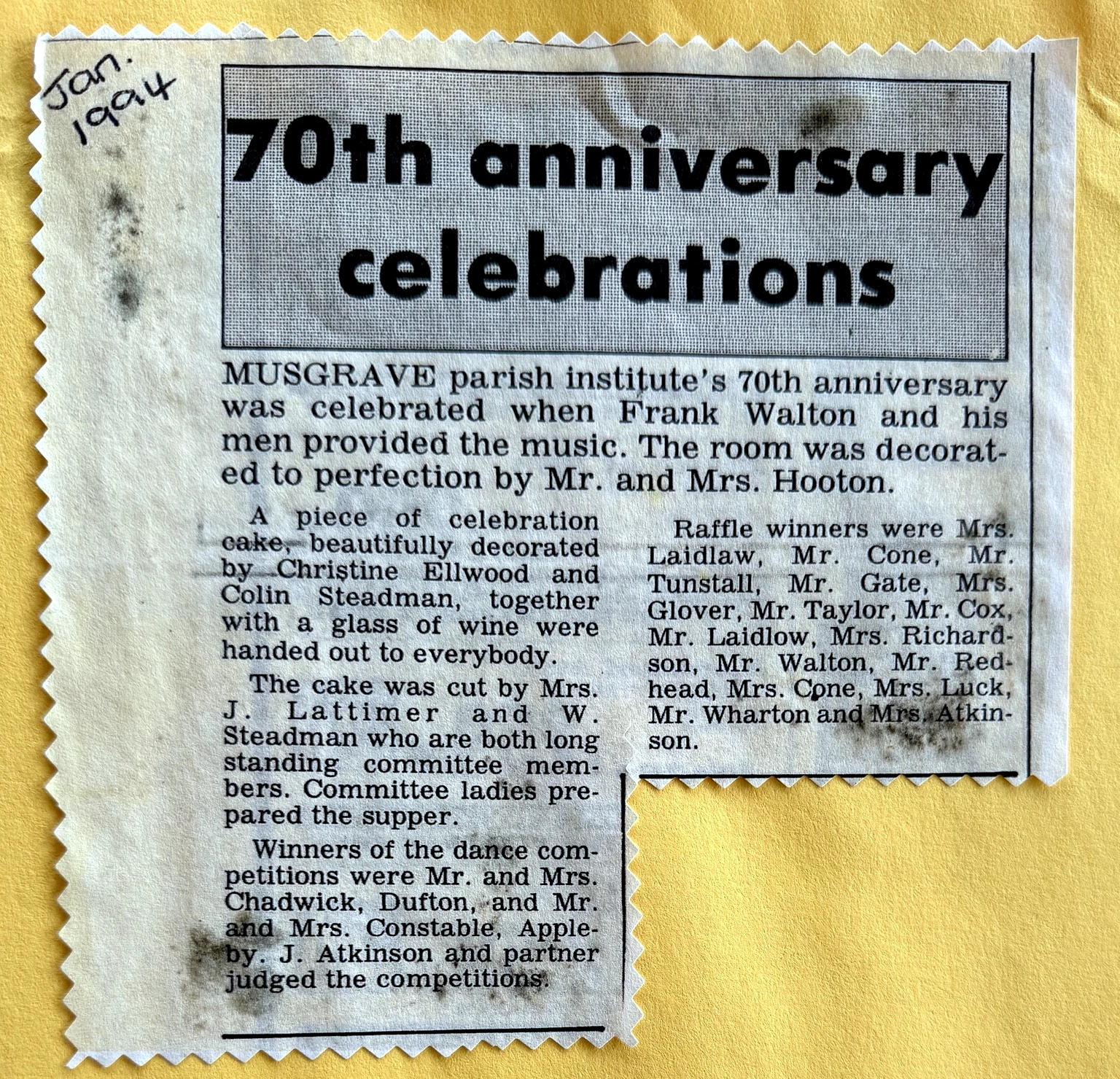 Newspaper cutting reporting the Institute's 70th anniversary celebrations