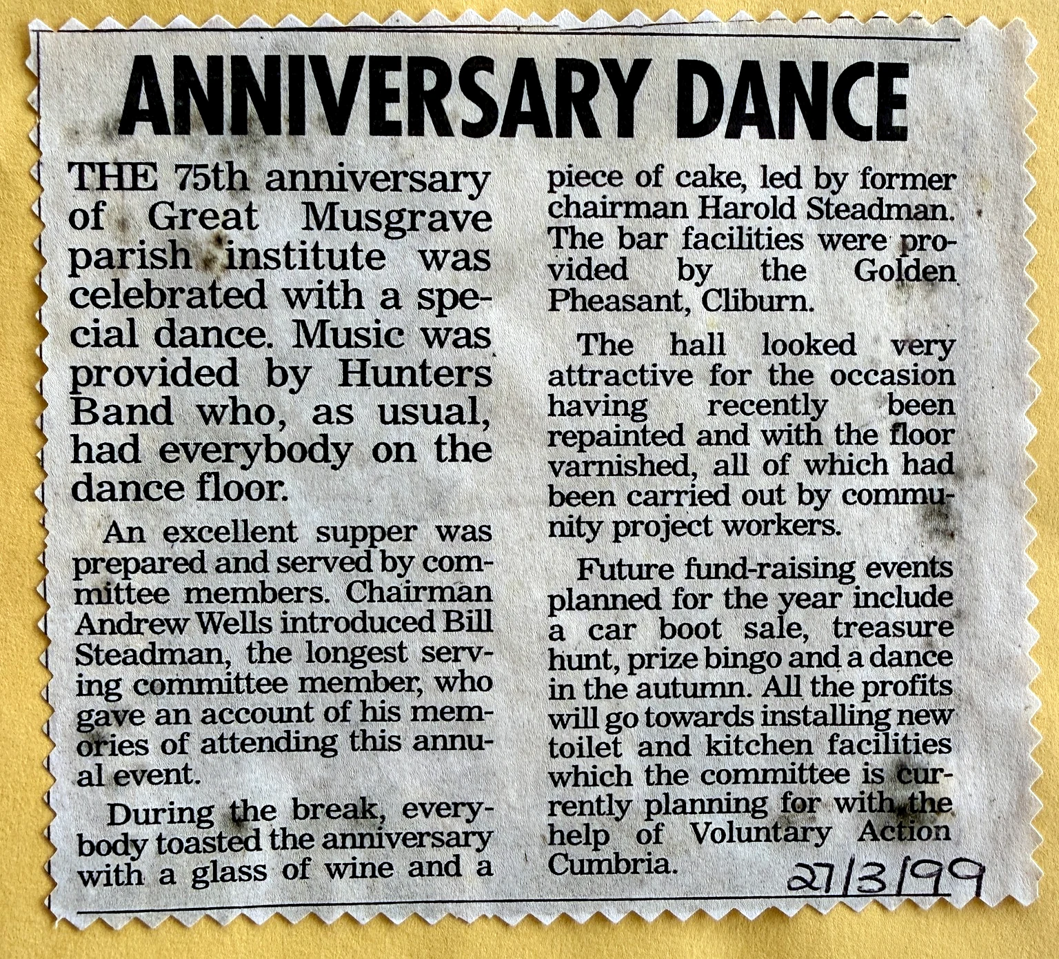 1999 newspaper cutting about the 75th anniversary dance